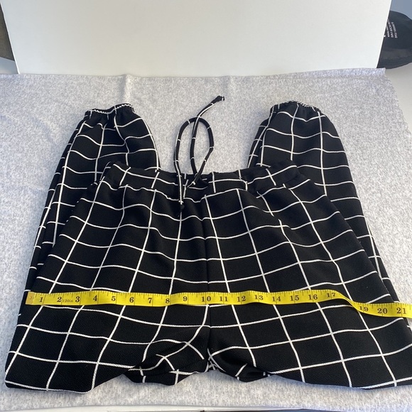 2/$25 Black white elastic waist pull on windowpane trousers tapered leg pants S - Picture 6 of 10